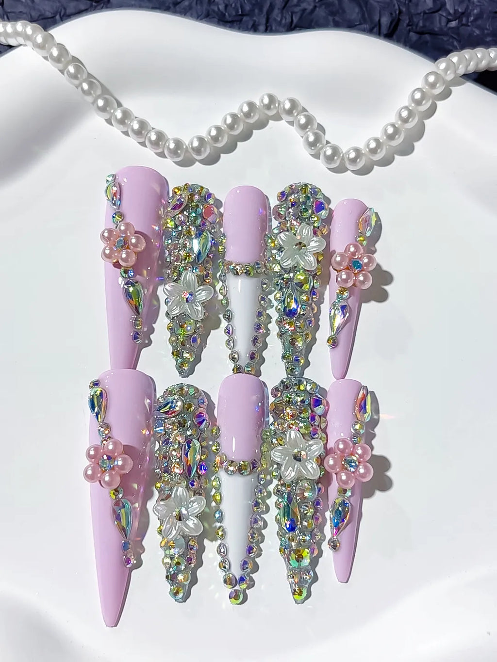 Pink Silver Multicolor Solid color Rhinestone Crystal Cluster press on nails detail view