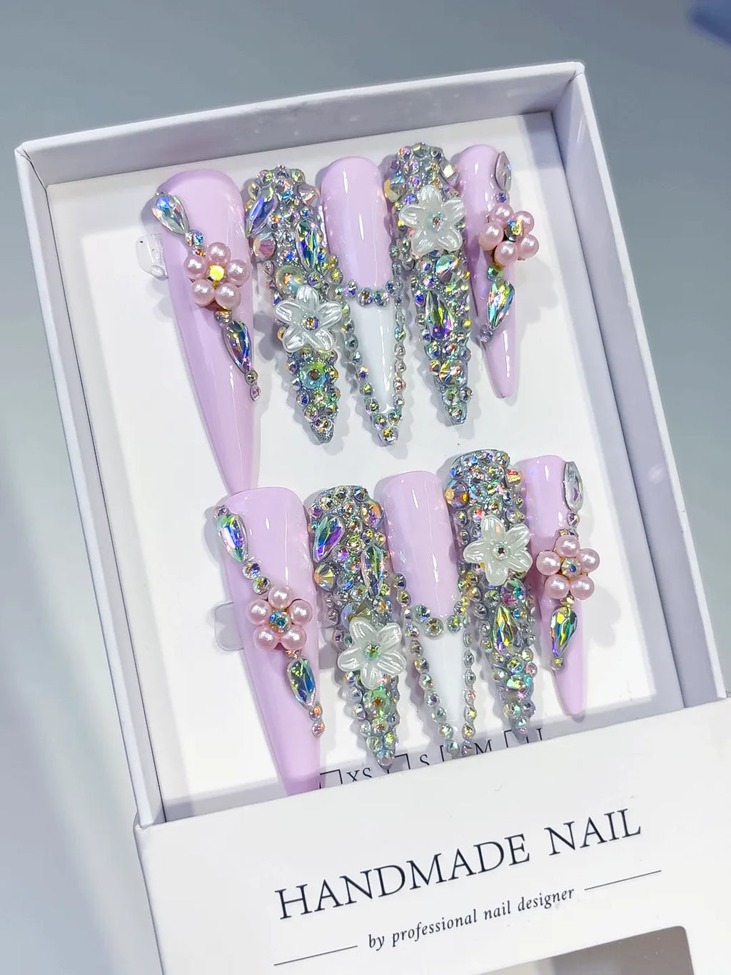 Pink Silver Multicolor Solid color Rhinestone Crystal Cluster press on nails angled view