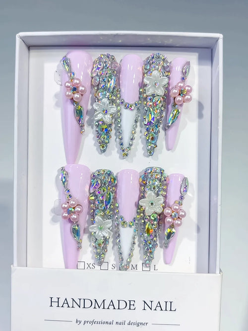 Pink Silver Multicolor Solid color Rhinestone Crystal Cluster press on nails full set view