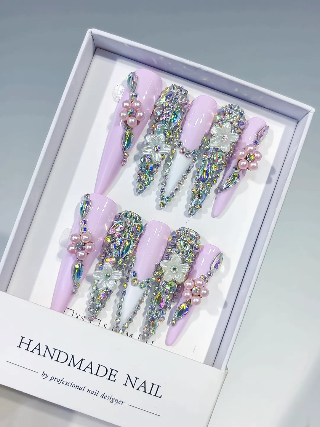 Pink Silver Multicolor Solid color Rhinestone Crystal Cluster press on nails