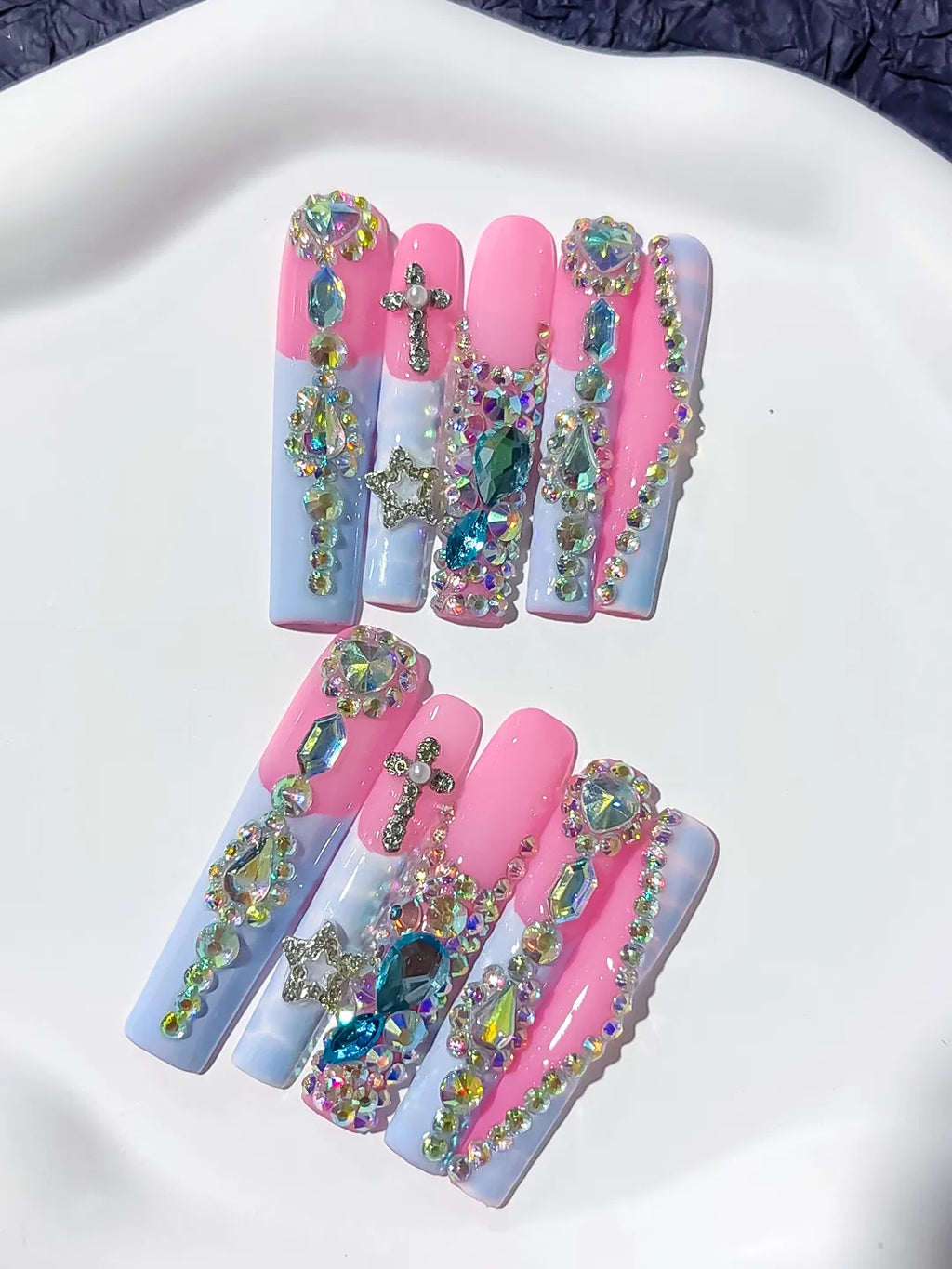 Pink Silver Solid color Flower Crystal Cluster Rhinestone 3D press on nails close up