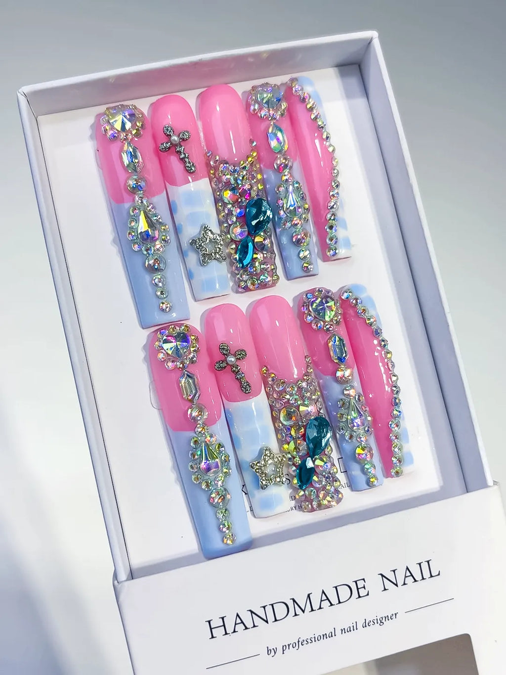Pink Silver Solid color Flower Crystal Cluster Rhinestone 3D press on nails angled view