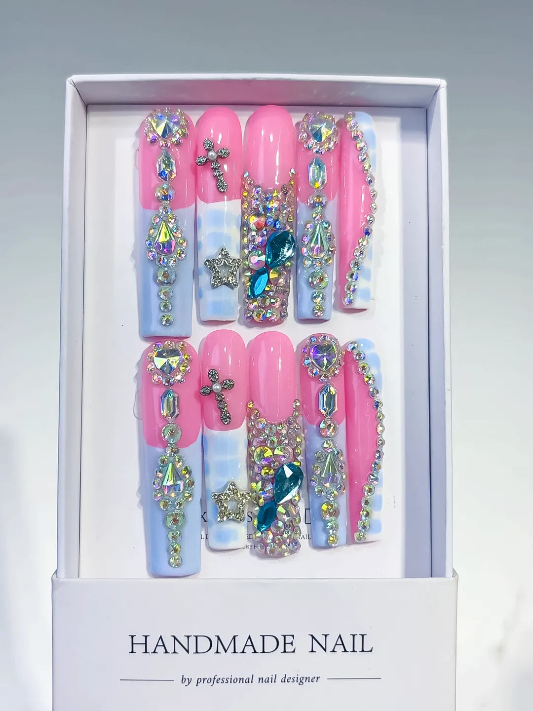Pink Silver Solid color Flower Crystal Cluster Rhinestone 3D press on nails full set view