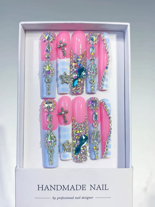 Pink Silver Solid color Flower Crystal Cluster Rhinestone 3D press on nails full set view