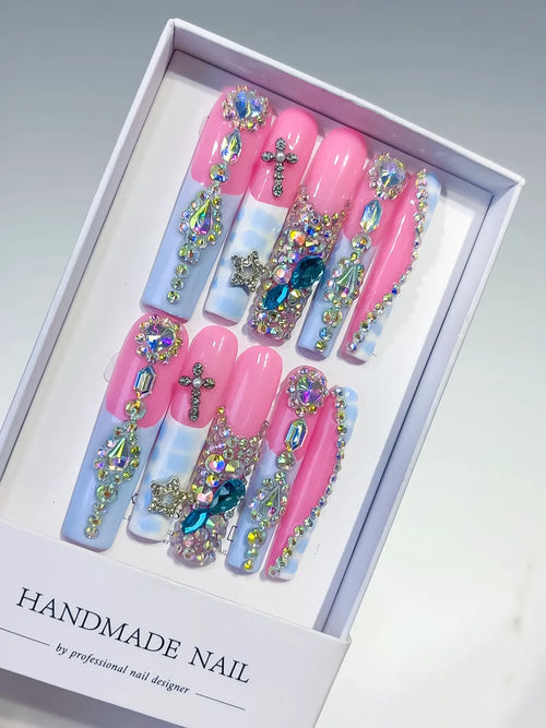 Pink Silver Solid color Flower Crystal Cluster Rhinestone 3D press on nails