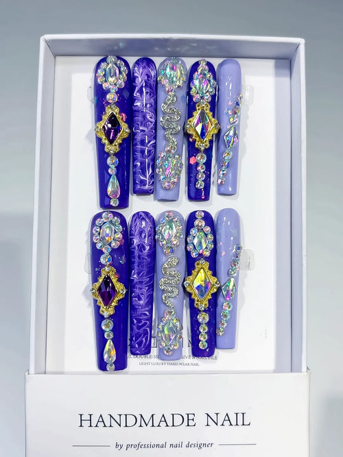 Purple Gold Silver Solid color Star Rhinestone Metallic Accent press on nails full set view