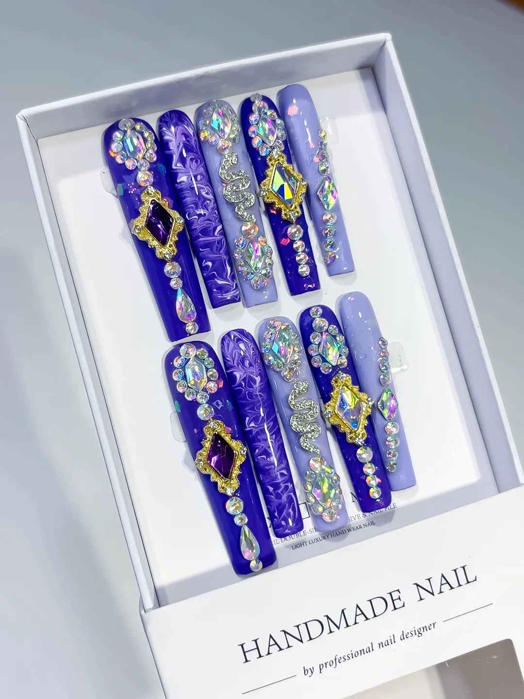 Purple Gold Silver Solid color Star Rhinestone Metallic Accent press on nails angled view