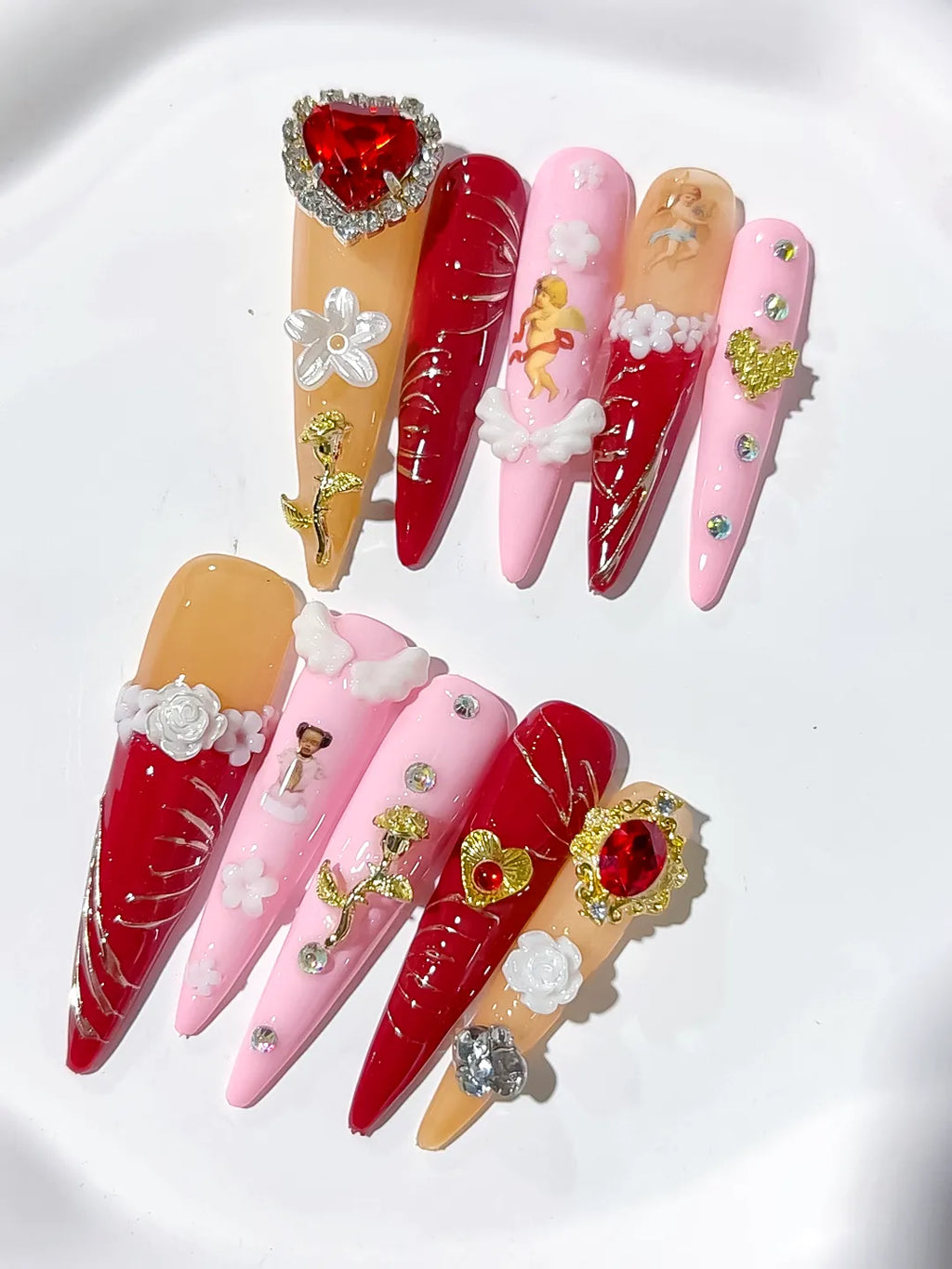 Red Gold White Solid color Flower Rhinestone Metallic Accent press on nails close up