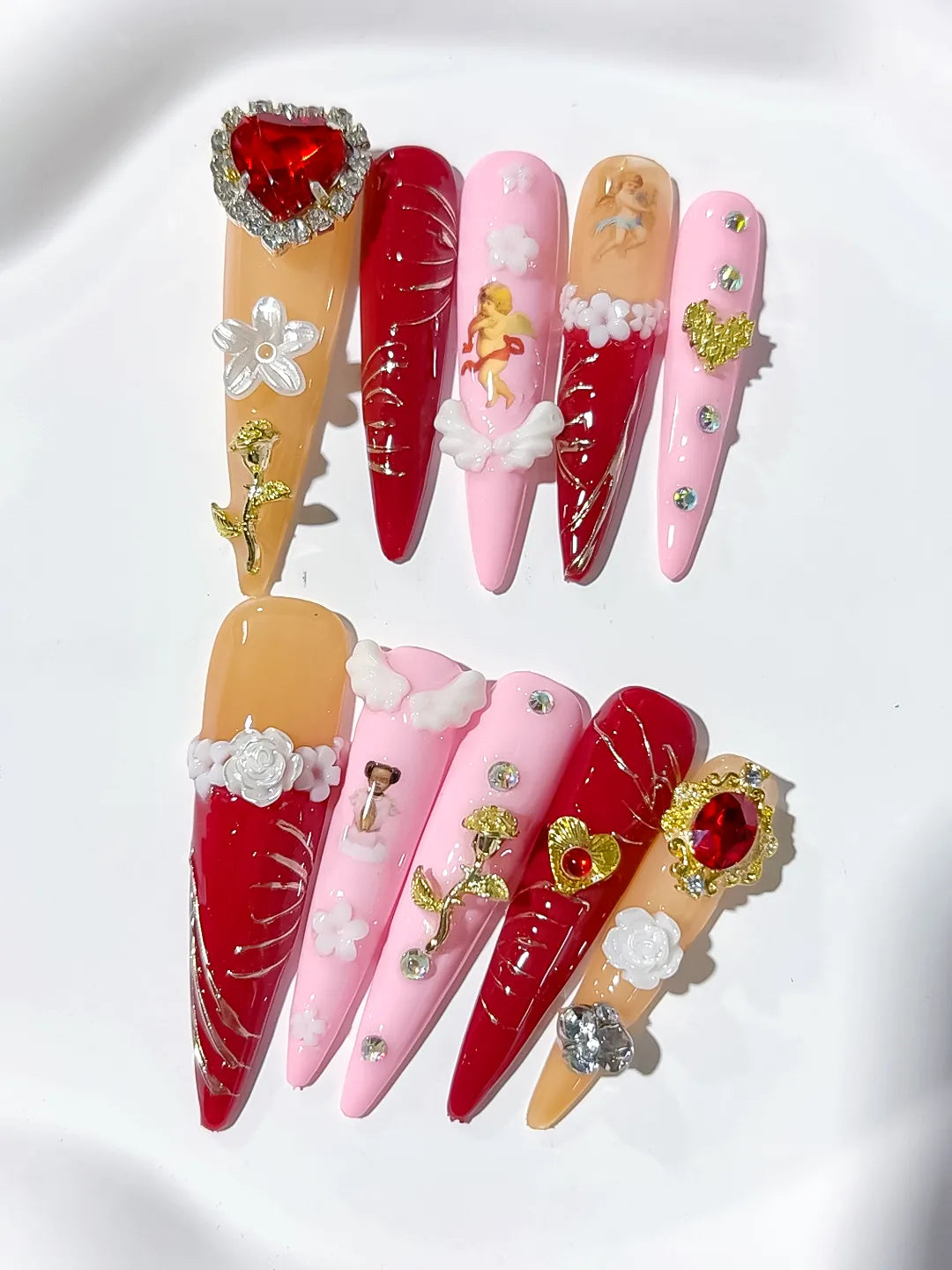 Red Gold White Solid color Flower Rhinestone Metallic Accent press on nails detail view