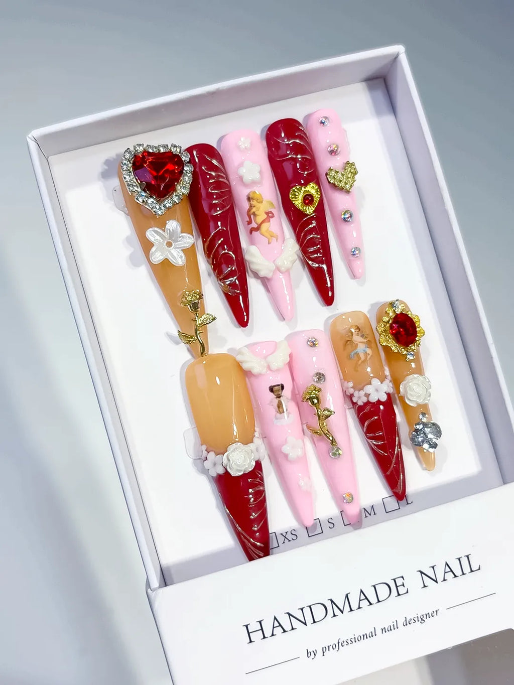 Red Gold White Solid color Flower Rhinestone Metallic Accent press on nails angled view