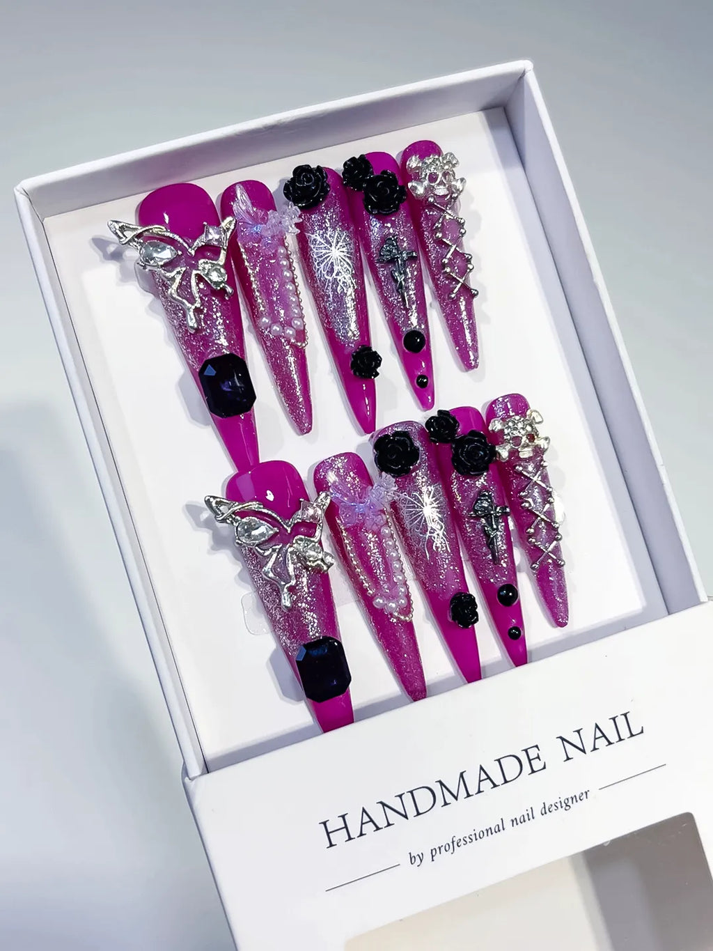 Purple Silver Metallic Rhinestone Crystal Cluster press on nails angled view