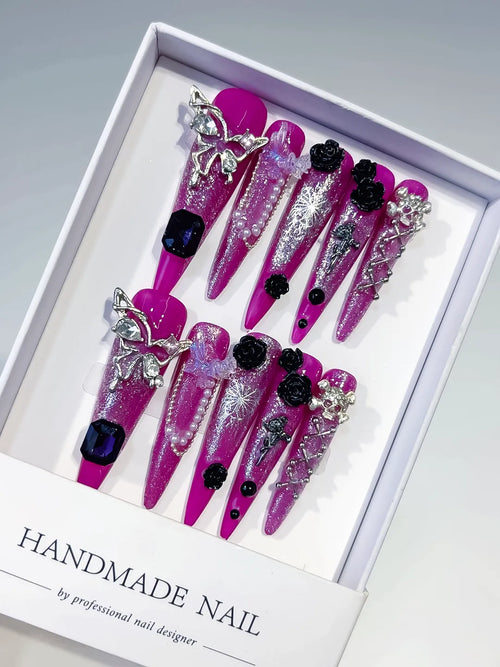 Purple Silver Metallic Rhinestone Crystal Cluster press on nails