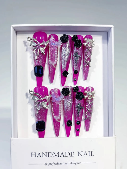Purple Silver Metallic Rhinestone Crystal Cluster press on nails full set view