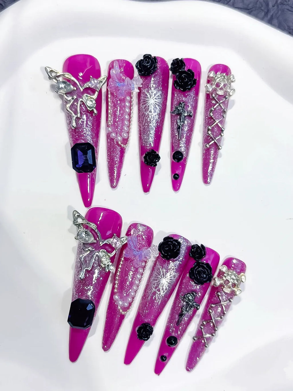 Purple Silver Metallic Rhinestone Crystal Cluster press on nails detail view