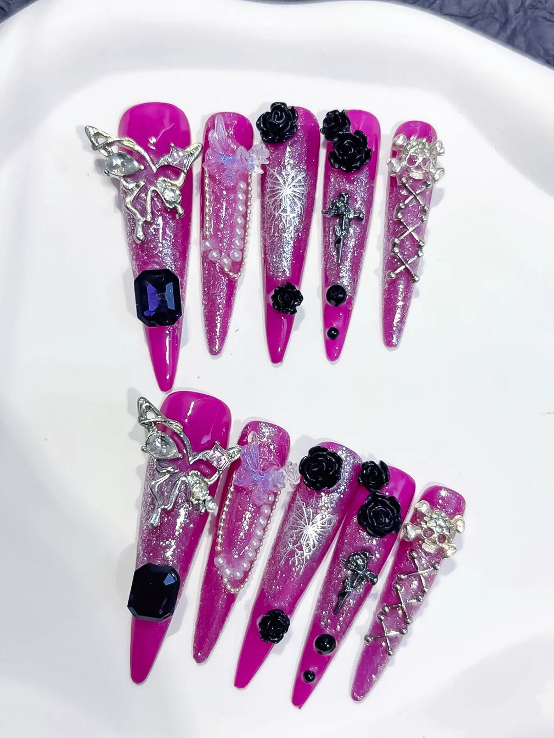 Purple Silver Metallic Rhinestone Crystal Cluster press on nails detail view