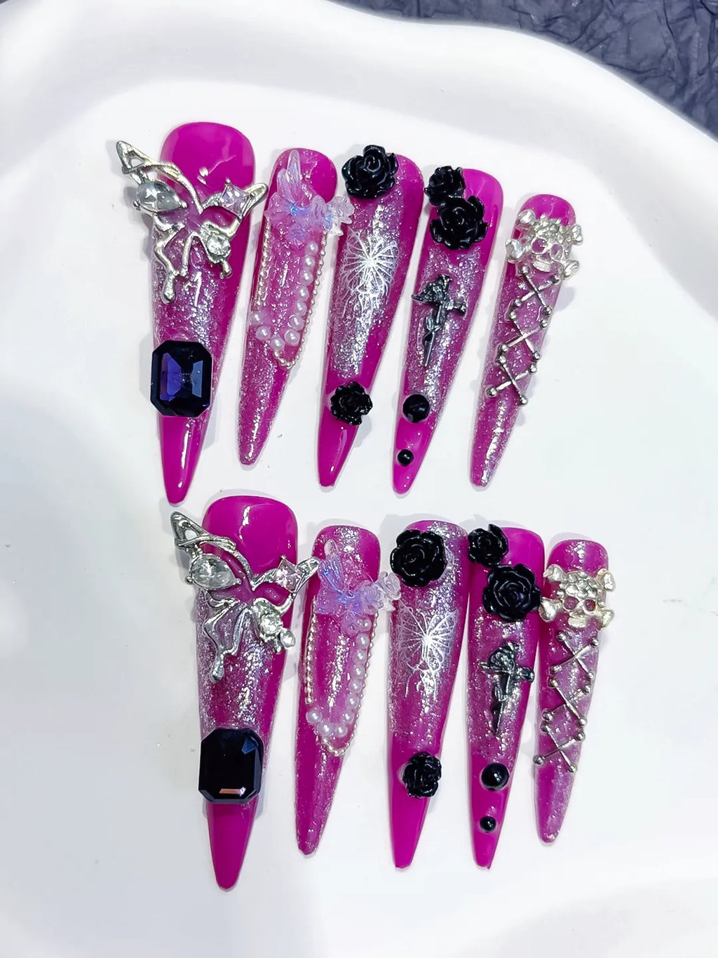 Purple Silver Metallic Rhinestone Crystal Cluster press on nails detail view