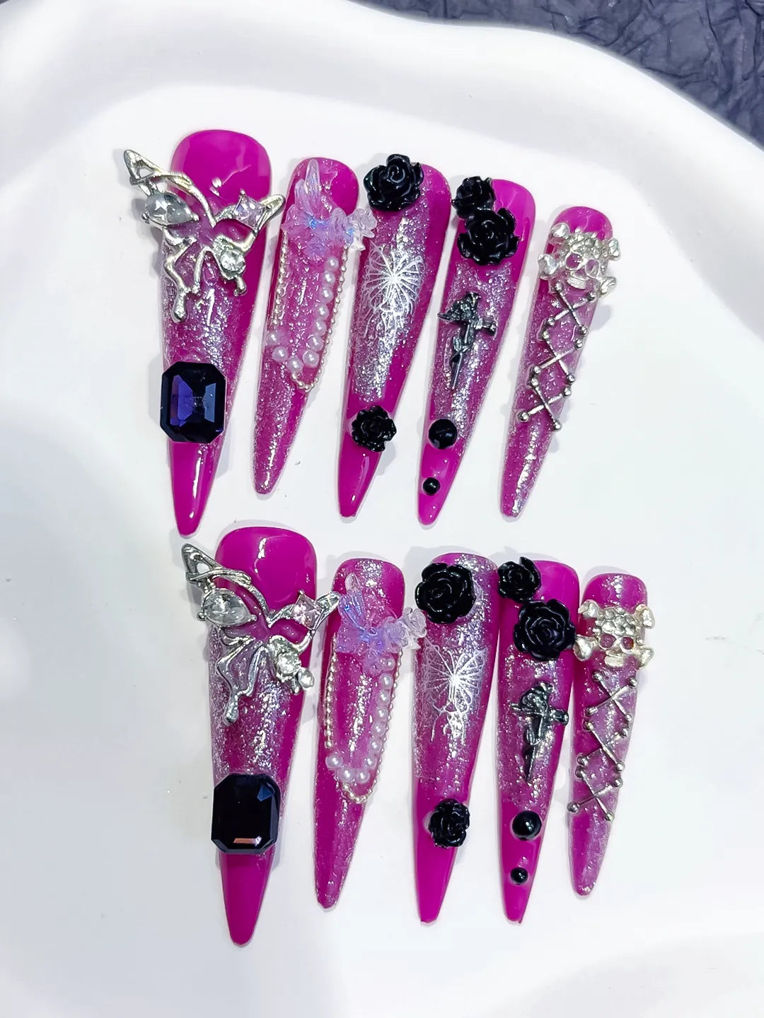 Purple Silver Metallic Rhinestone Crystal Cluster press on nails detail view