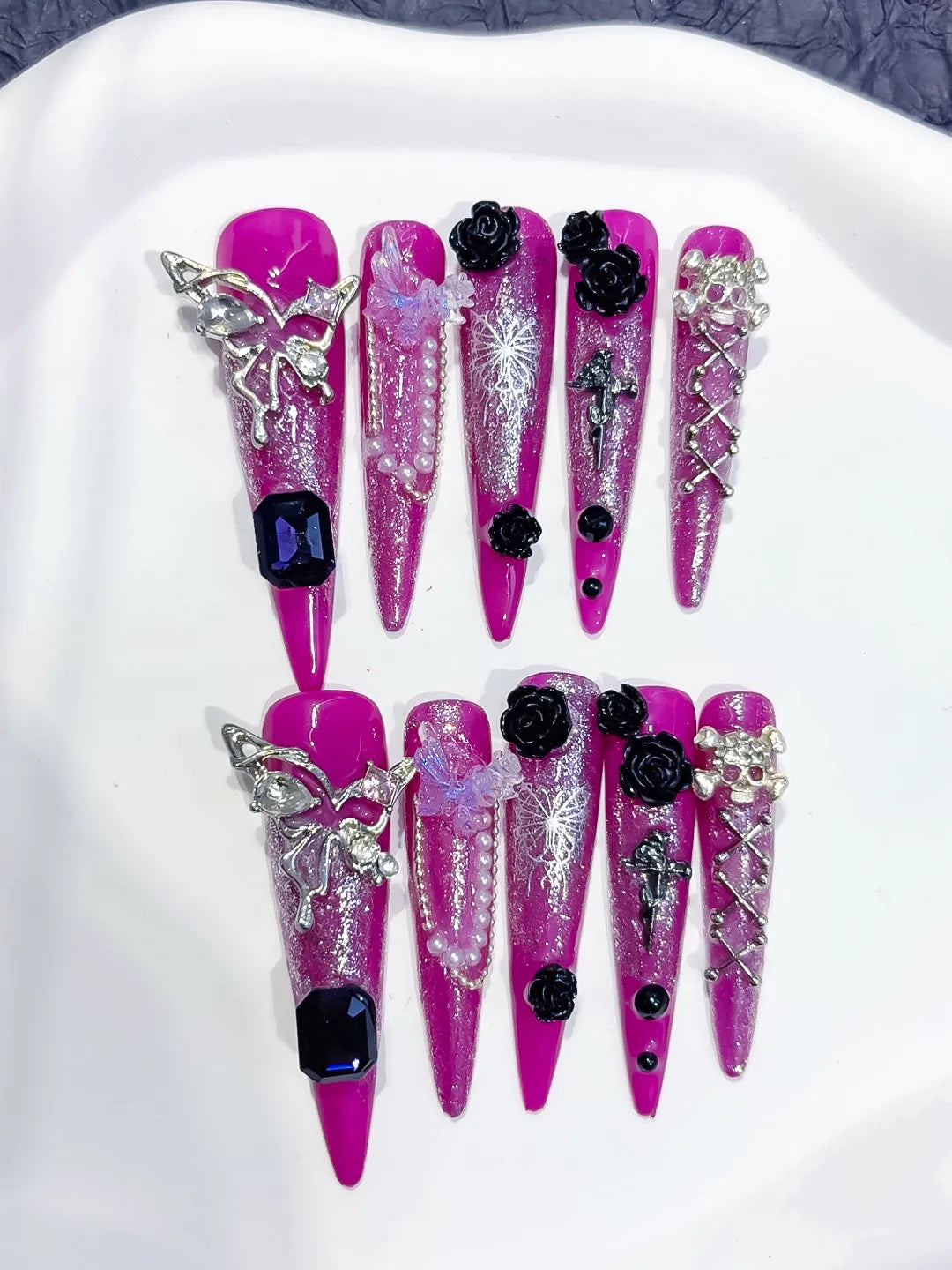 Purple Silver Metallic Rhinestone Crystal Cluster press on nails detail view