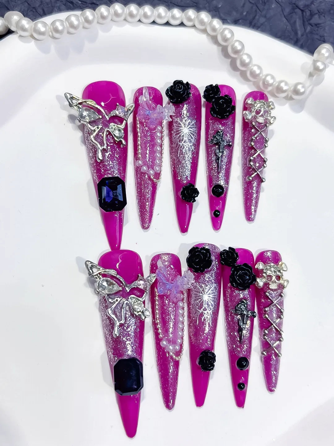 Purple Silver Metallic Rhinestone Crystal Cluster press on nails close up