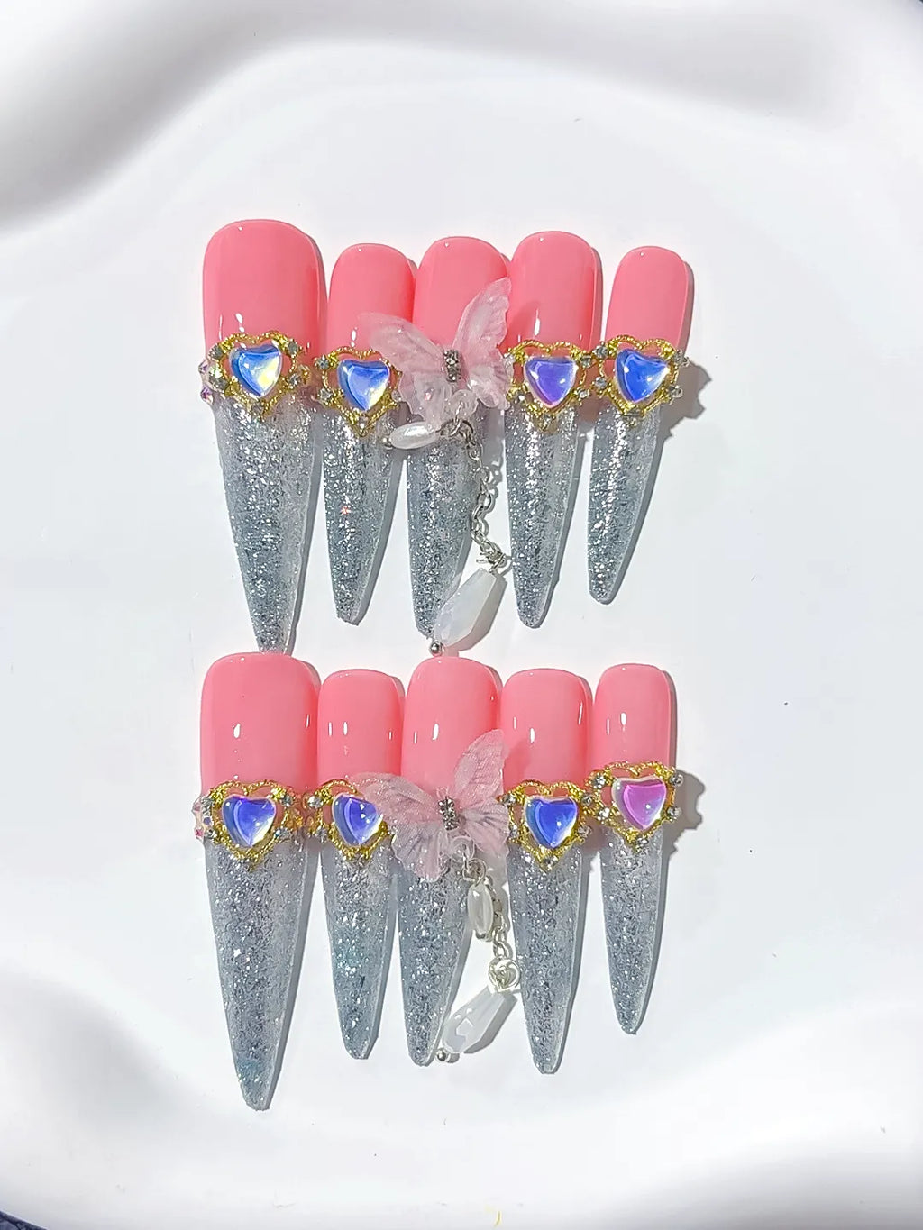 Pink Silver Solid color Rhinestone Metallic Accent press on nails detail view