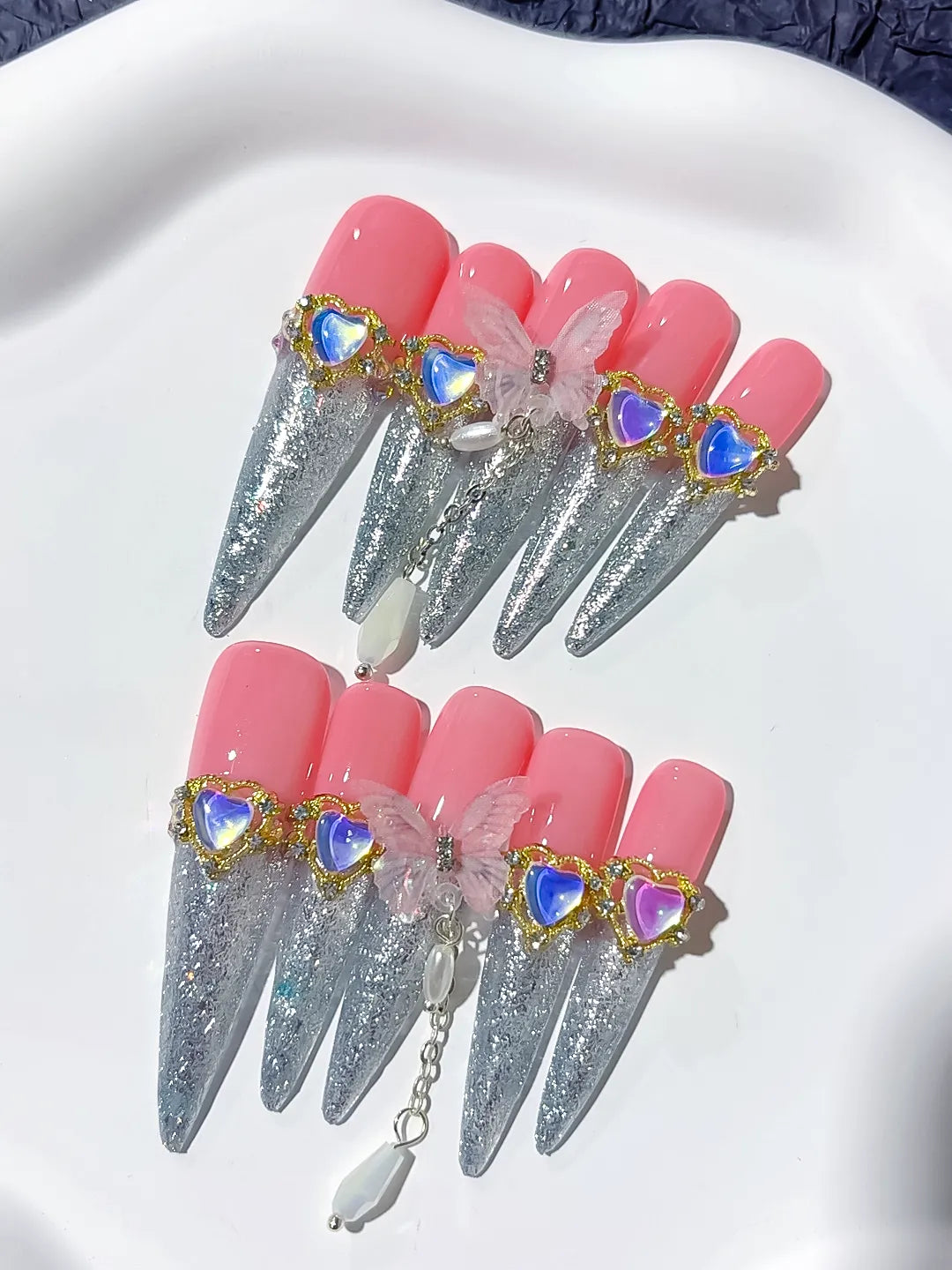 Pink Silver Solid color Rhinestone Metallic Accent press on nails detail view
