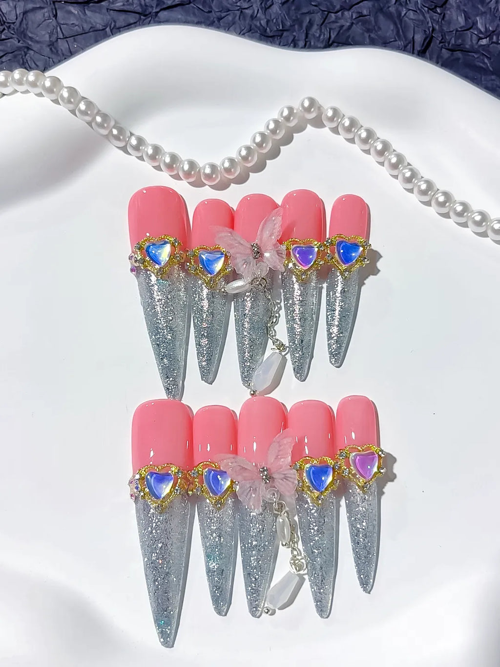 Pink Silver Solid color Rhinestone Metallic Accent press on nails detail view
