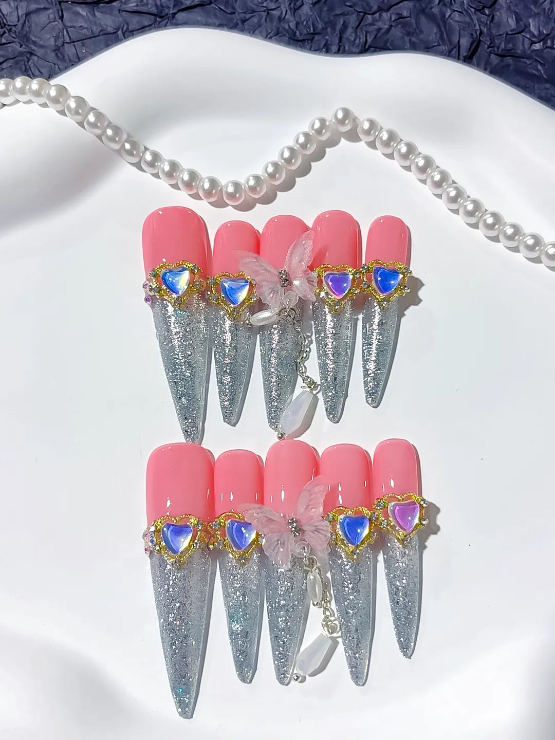 Pink Silver Solid color Rhinestone Metallic Accent press on nails detail view