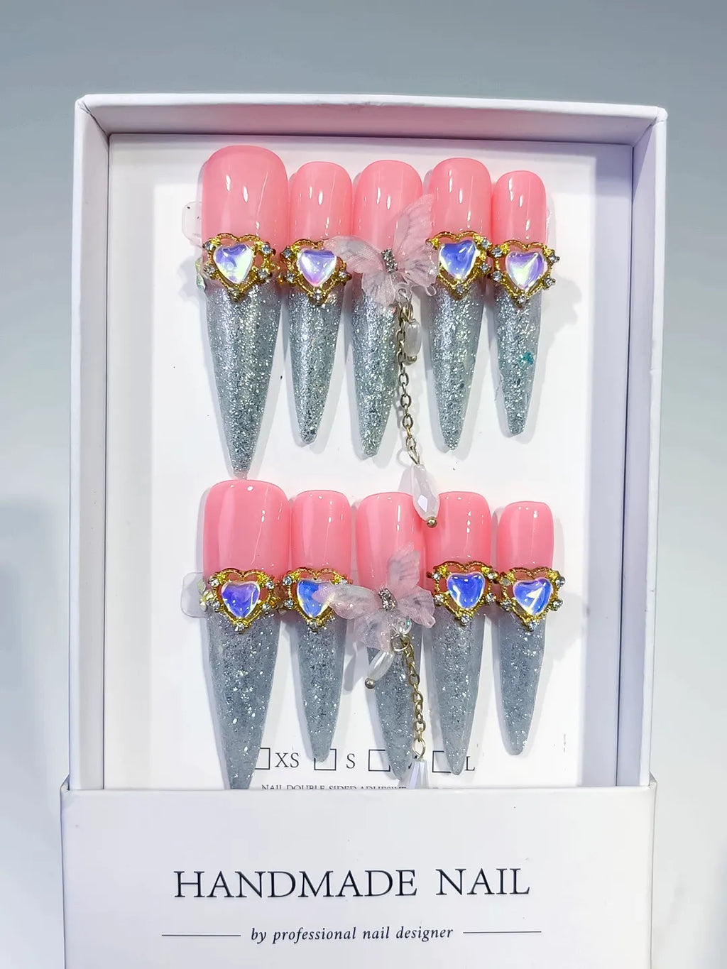 Pink Silver Solid color Rhinestone Metallic Accent press on nails full set view