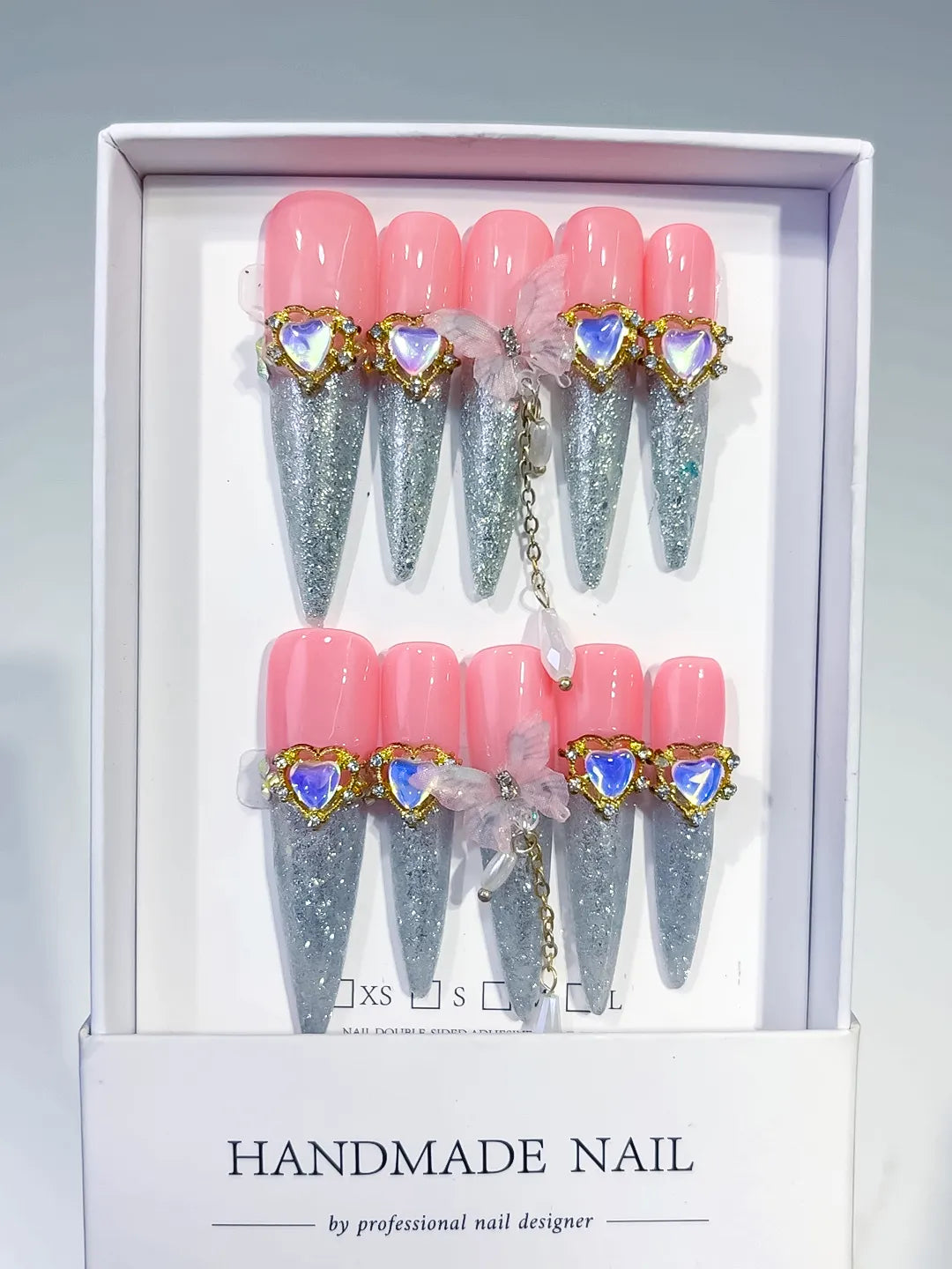 Pink Silver Solid color Rhinestone Metallic Accent press on nails full set view