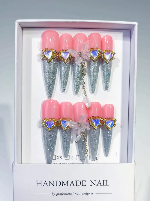 Pink Silver Solid color Rhinestone Metallic Accent press on nails full set view