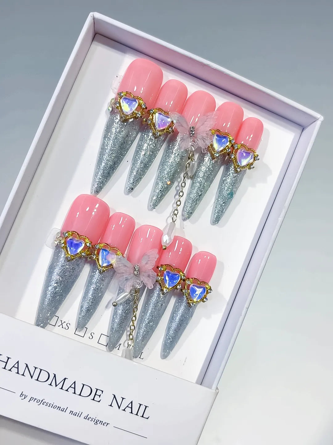 Pink Silver Solid color Rhinestone Metallic Accent press on nails