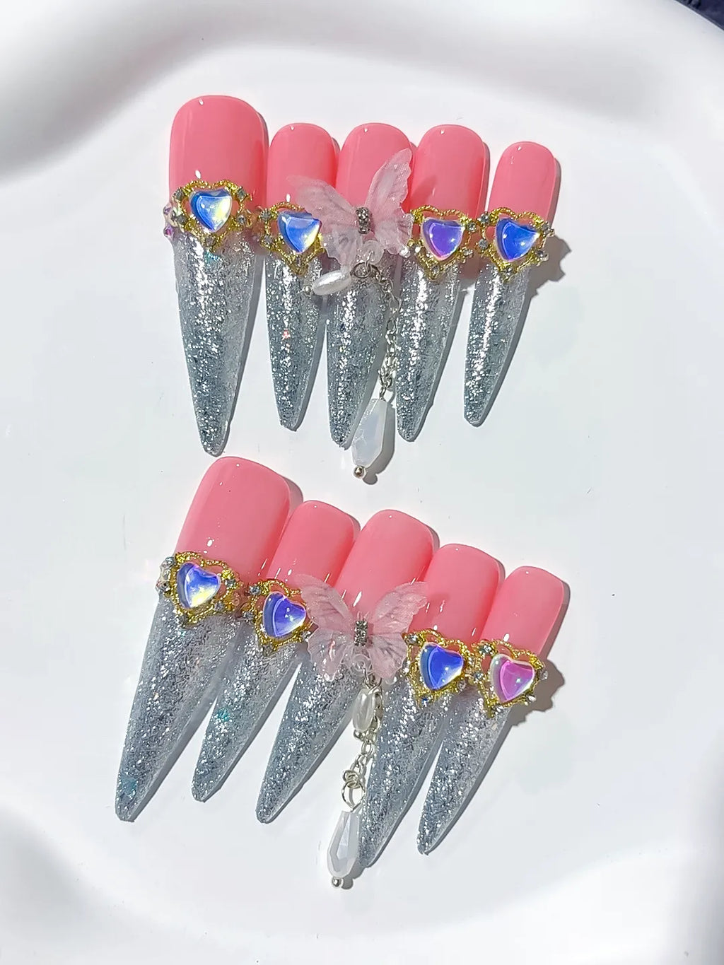 Pink Silver Solid color Rhinestone Metallic Accent press on nails close up