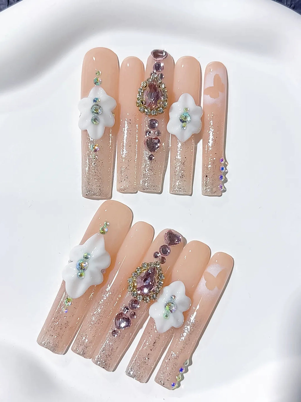 Nude White Silver Solid color Flower Rhinestone 3D press on nails close up