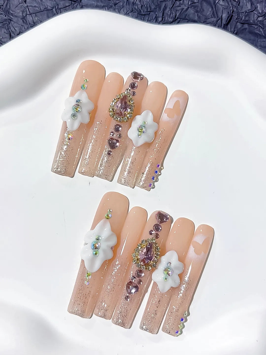 Nude White Silver Solid color Flower Rhinestone 3D press on nails detail view