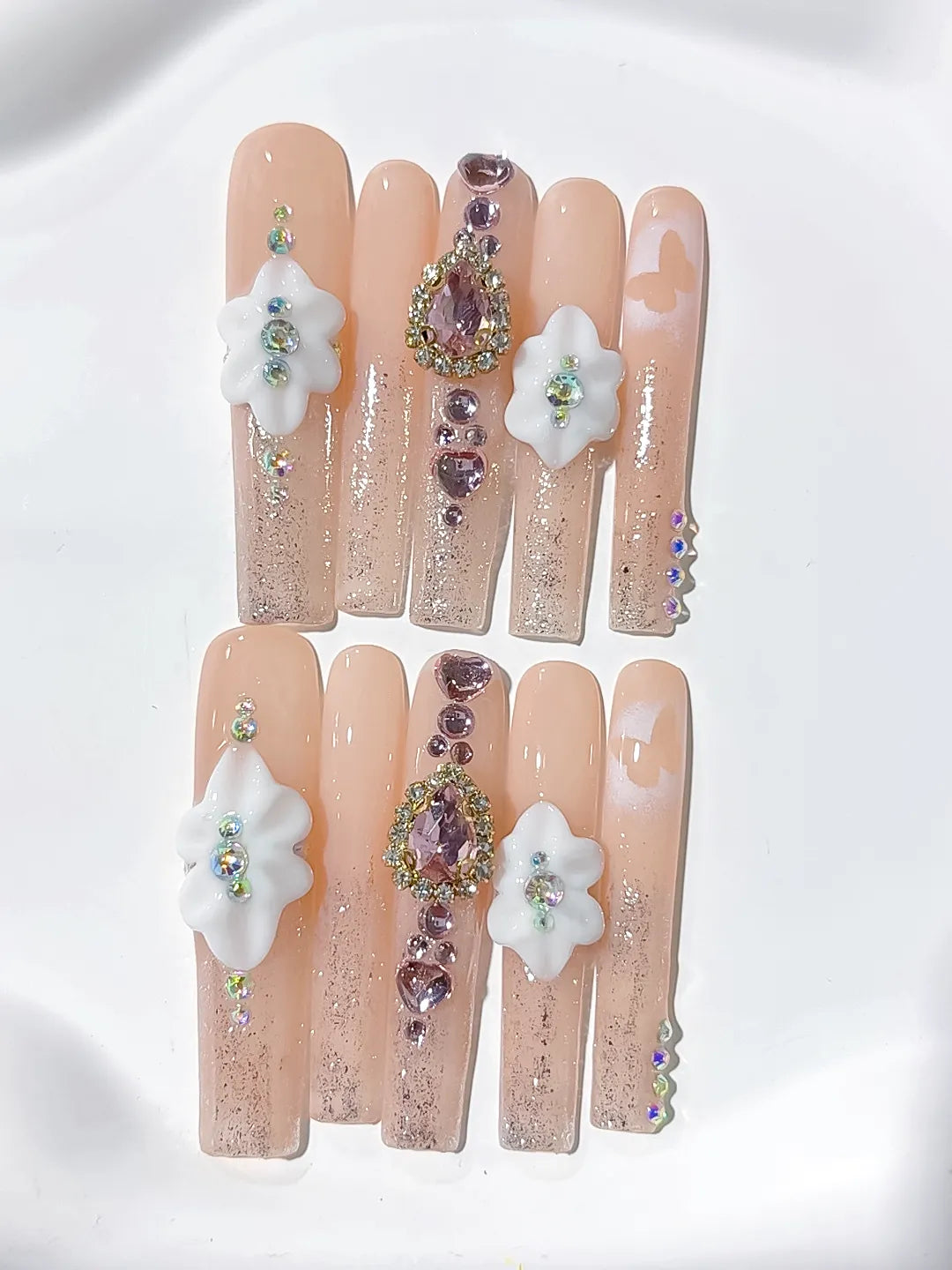 Nude White Silver Solid color Flower Rhinestone 3D press on nails detail view