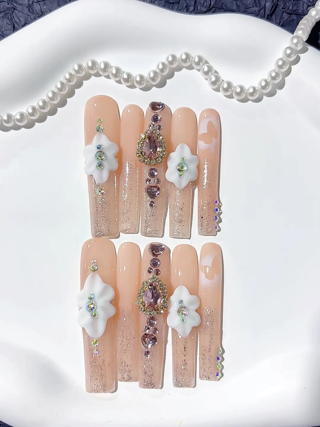 Nude White Silver Solid color Flower Rhinestone 3D press on nails detail view