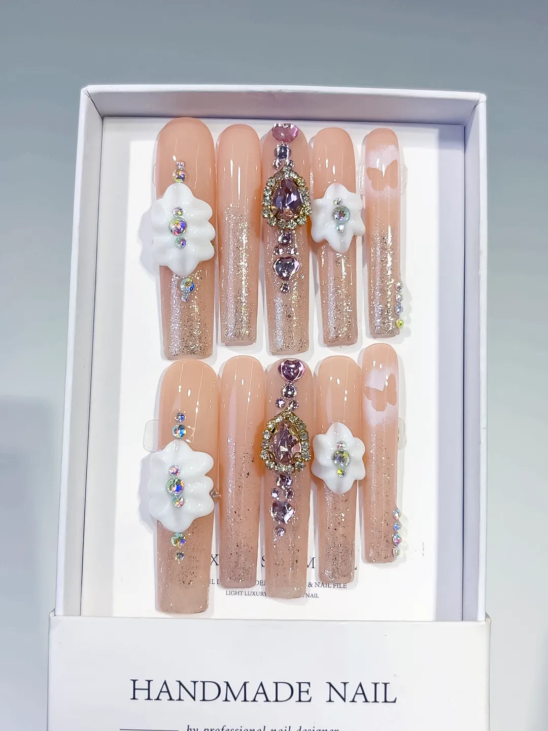 Nude White Silver Solid color Flower Rhinestone 3D press on nails full set view