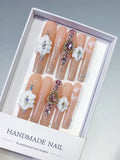 Nude White Silver Solid color Flower Rhinestone 3D press on nails