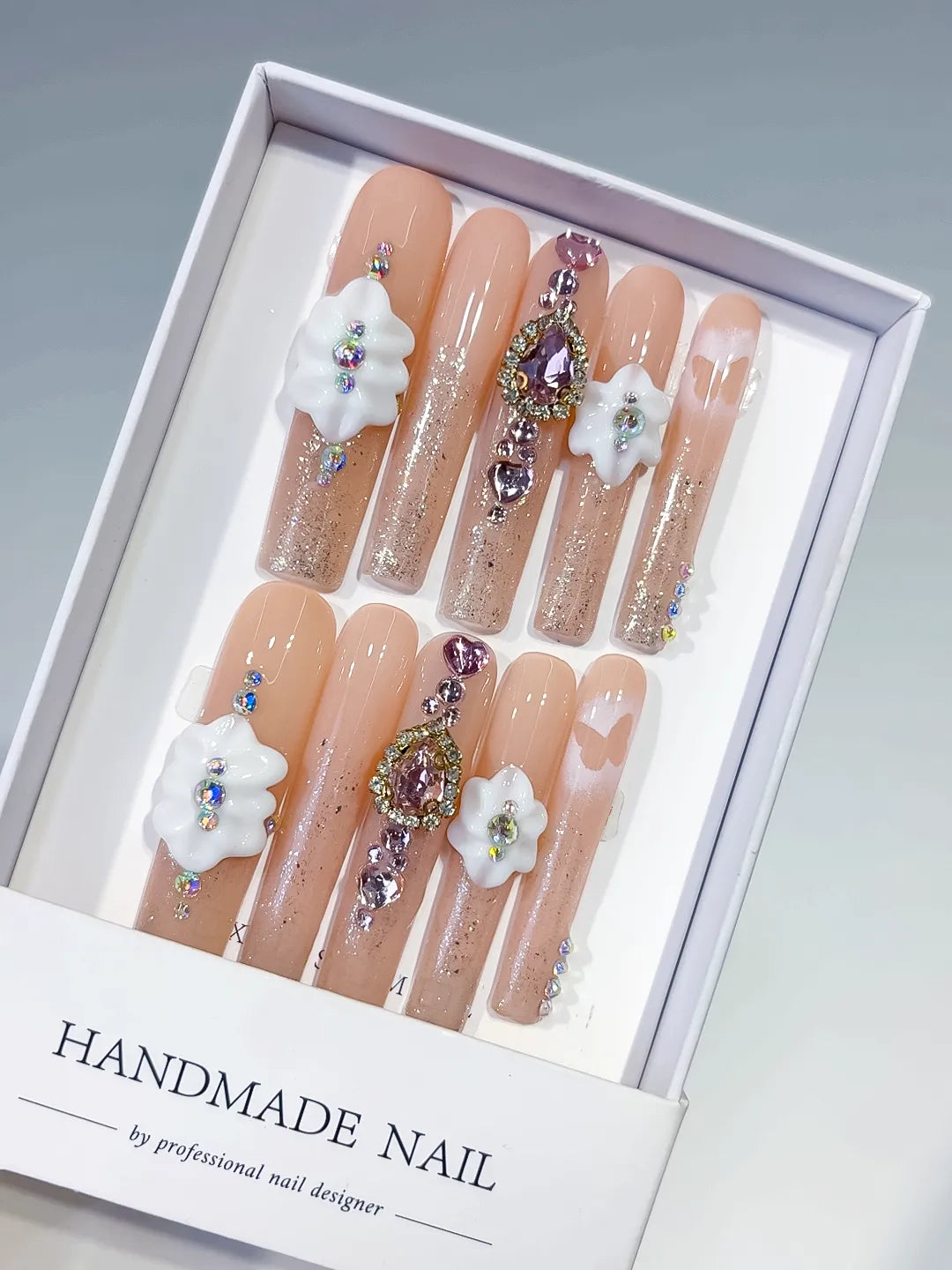 Nude White Silver Solid color Flower Rhinestone 3D press on nails