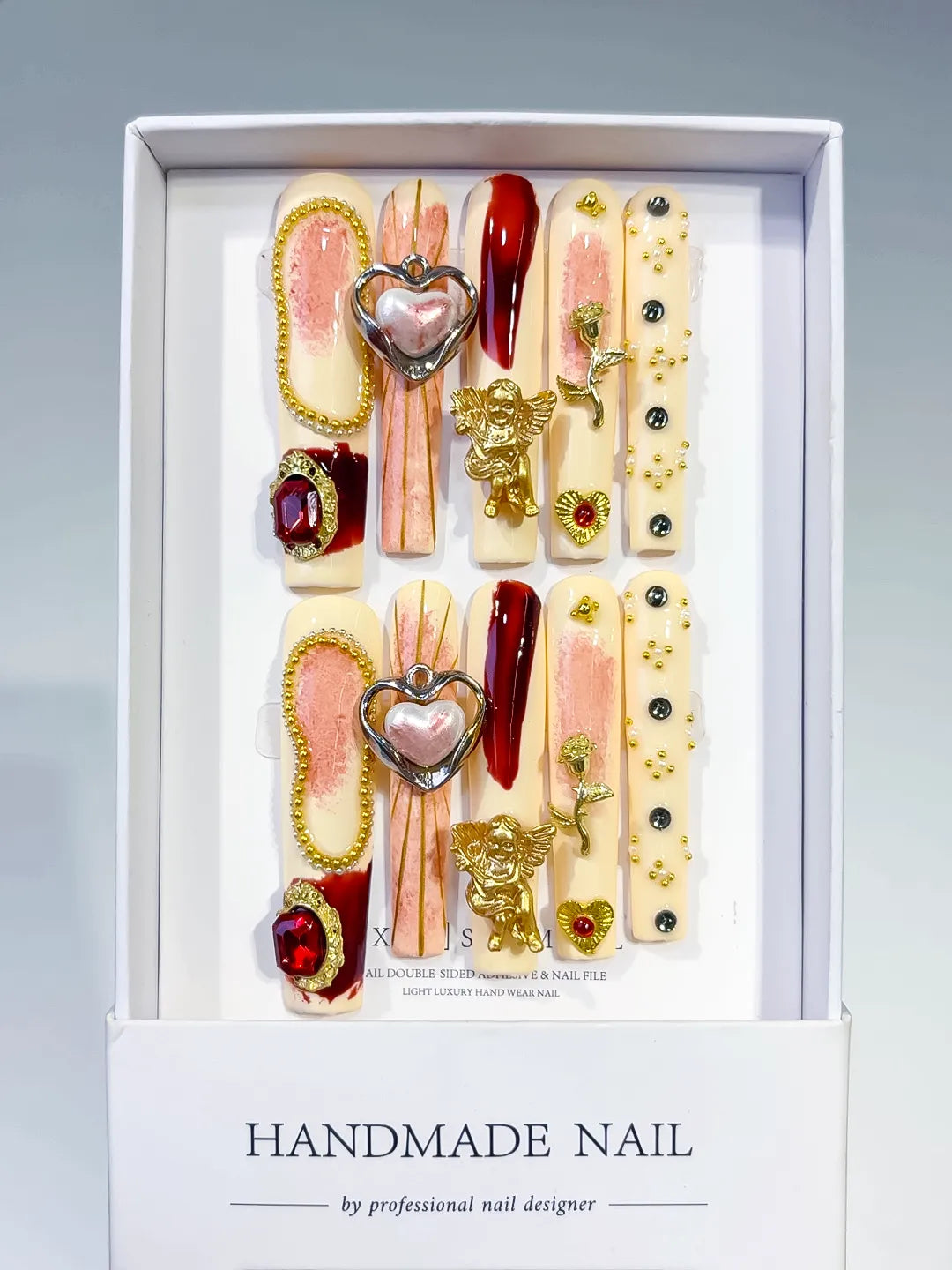 Brown Nude Gold Solid color Heart Flower Rhinestone 3D press on nails full set view