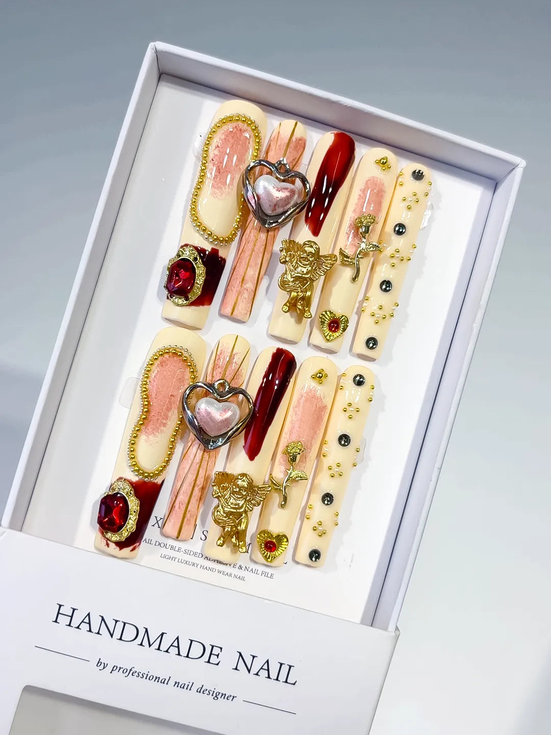 Brown Nude Gold Solid color Heart Flower Rhinestone 3D press on nails