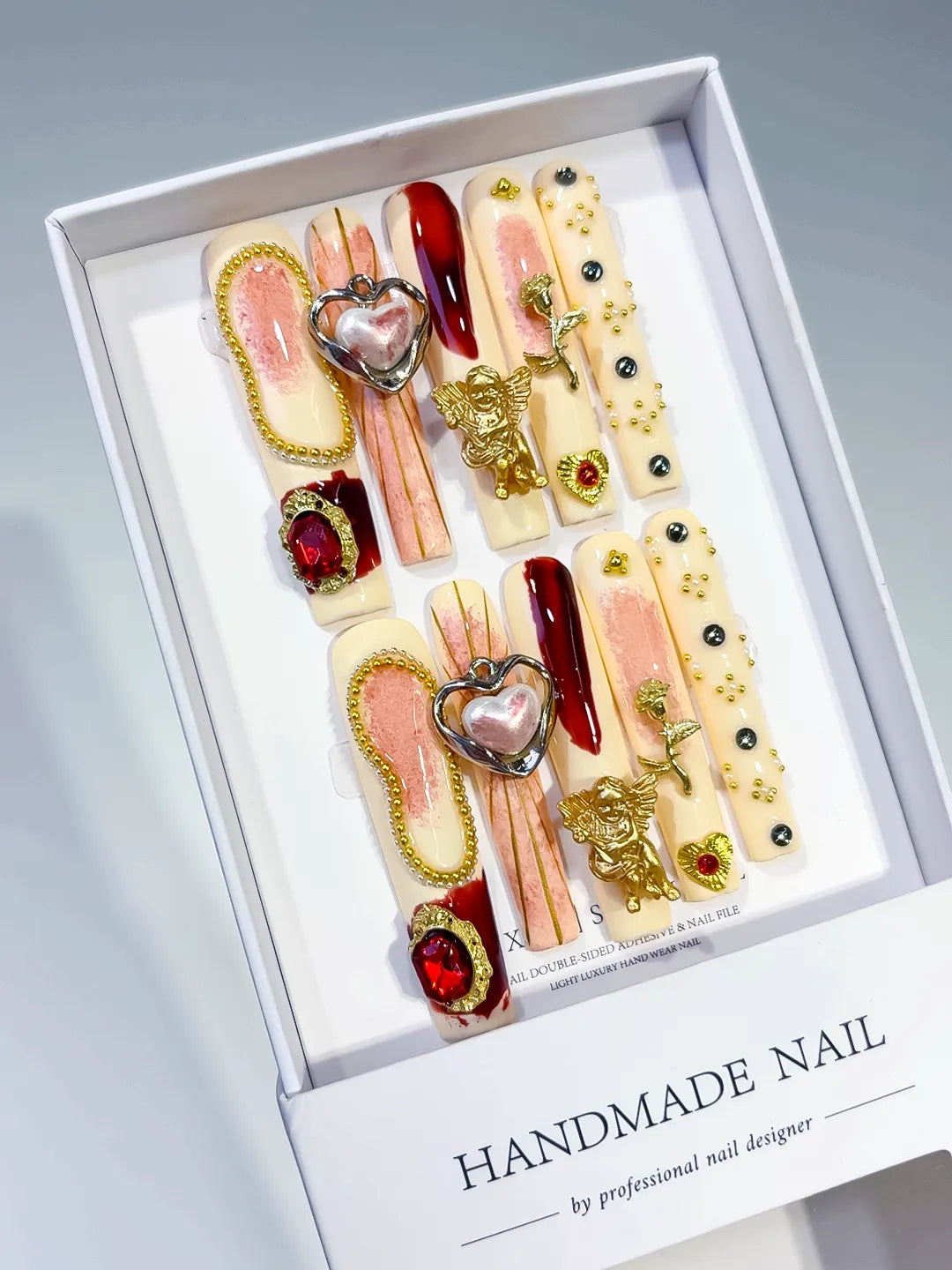 Brown Nude Gold Solid color Heart Flower Rhinestone 3D press on nails angled view