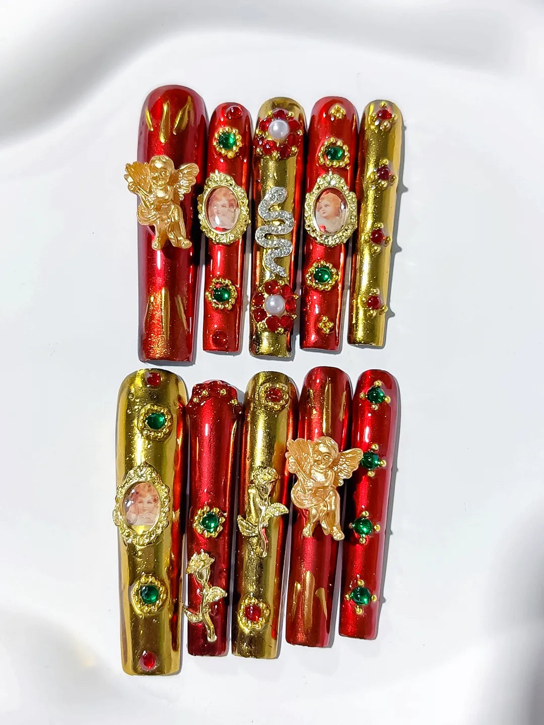 Red Gold Brown Abstract Character Metallic Accent press on nails detail view