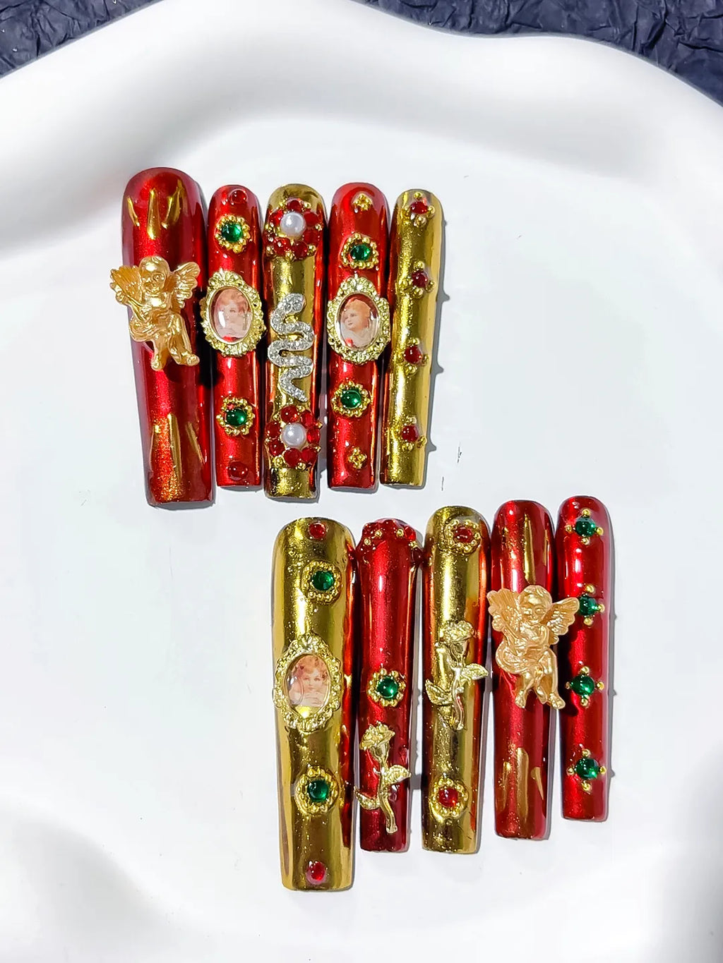 Red Gold Brown Abstract Character Metallic Accent press on nails detail view