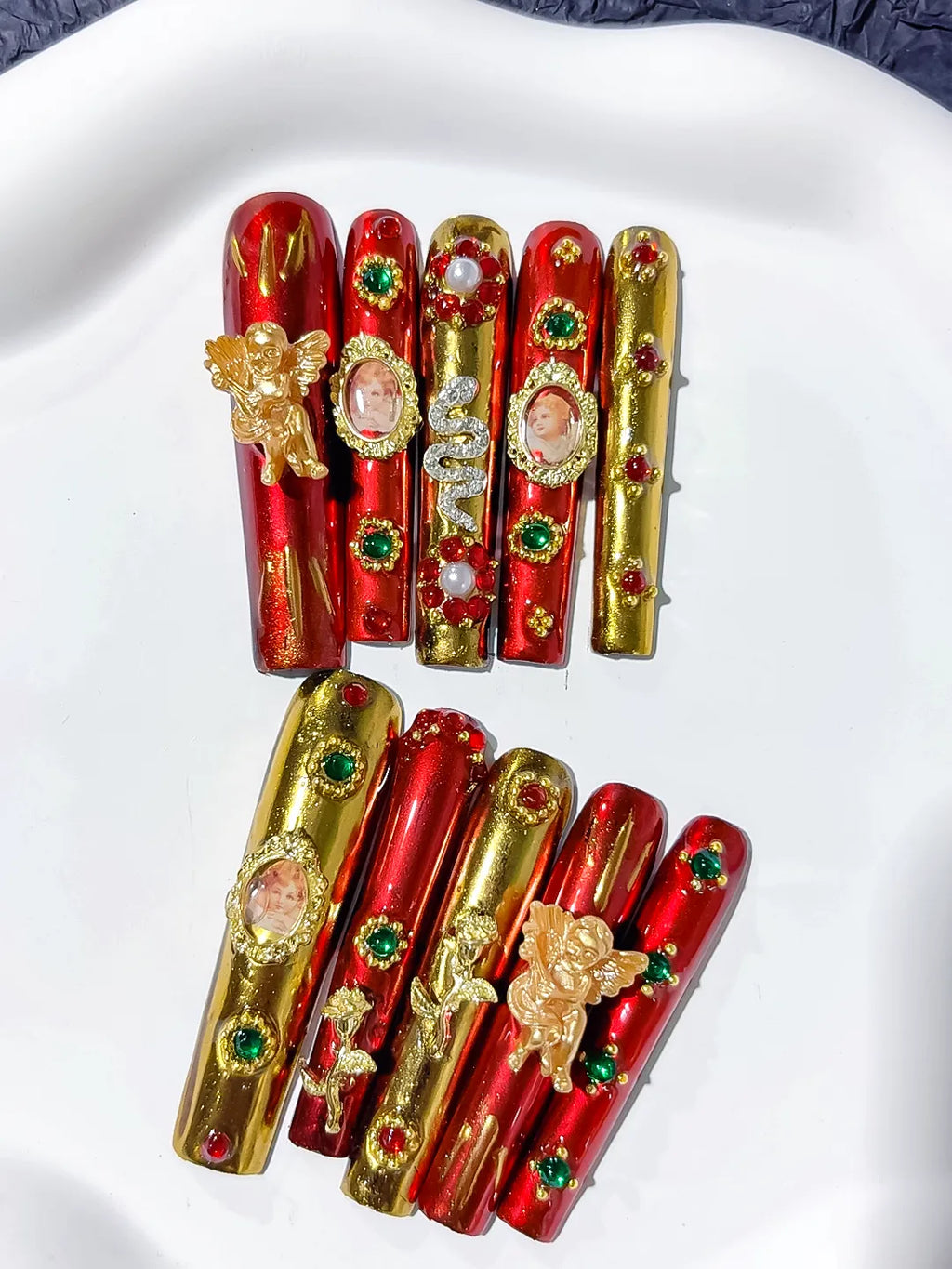 Red Gold Brown Abstract Character Metallic Accent press on nails detail view