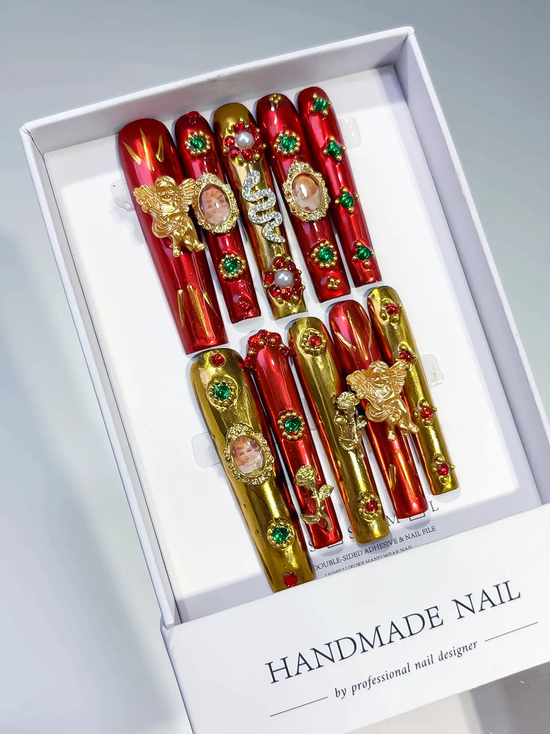 Red Gold Brown Abstract Character Metallic Accent press on nails angled view