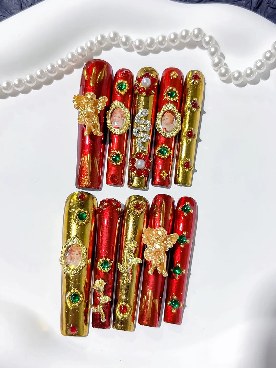 Red Gold Brown Abstract Character Metallic Accent press on nails close up