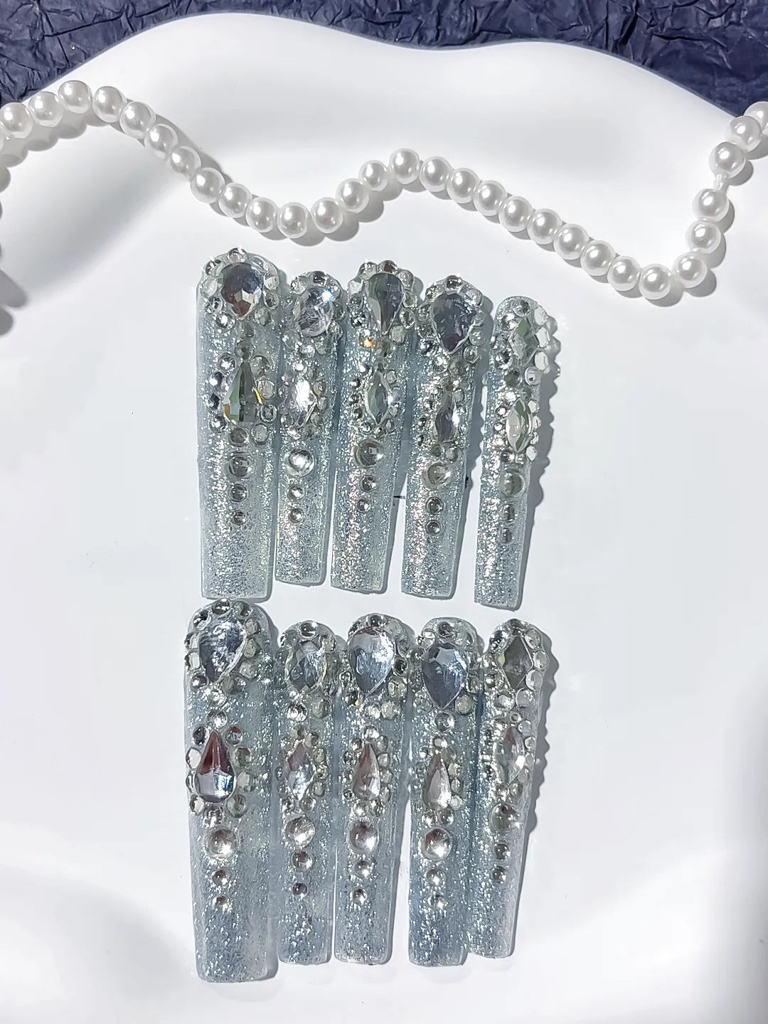 Silver Solid color Rhinestone Crystal Cluster press on nails close up