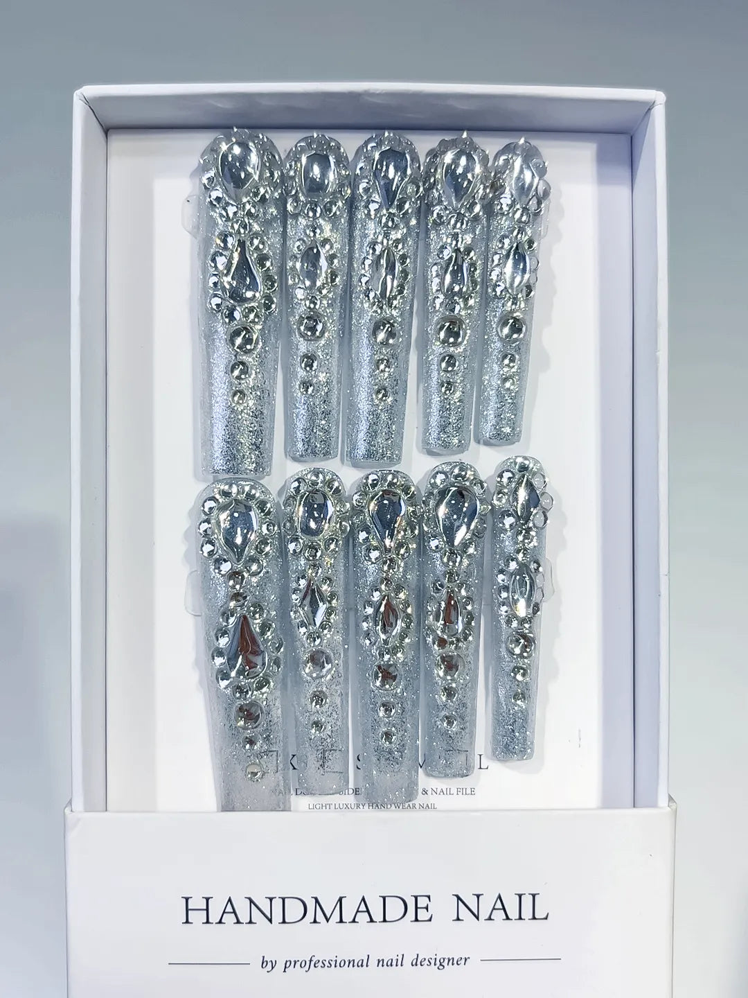 Silver Solid color Rhinestone Crystal Cluster press on nails full set view