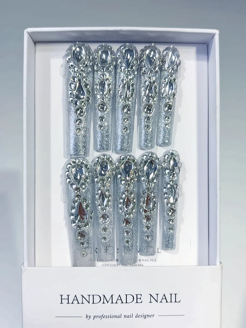 Silver Solid color Rhinestone Crystal Cluster press on nails full set view